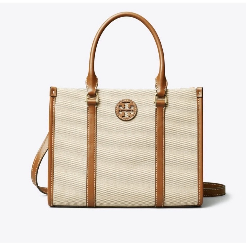 Tory Burch Blake Canvas Classic Cuoio Small Tote Natural & Tan Style 145356 New
